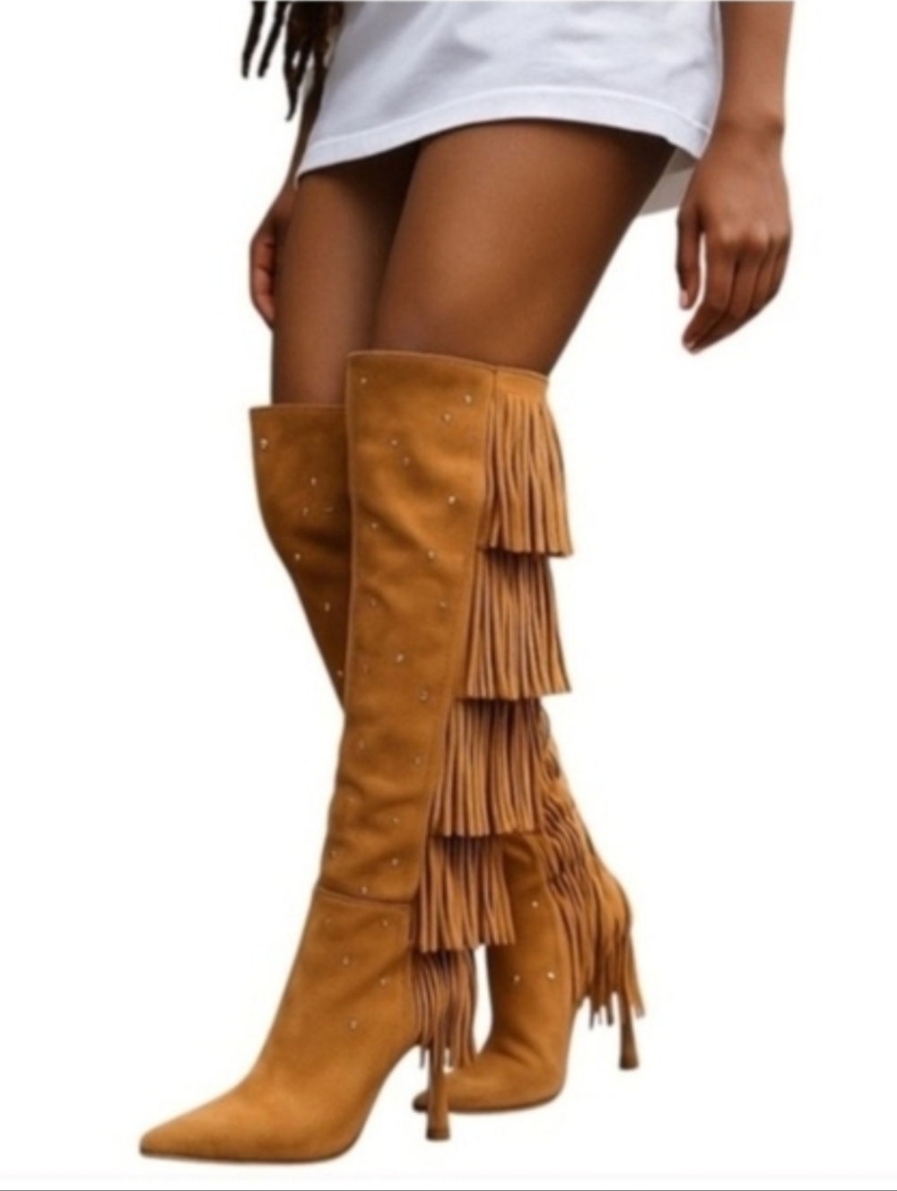 New No Box Vince Camuto $259 Panaryaz Boot Fringe Tan Knee-High Boots